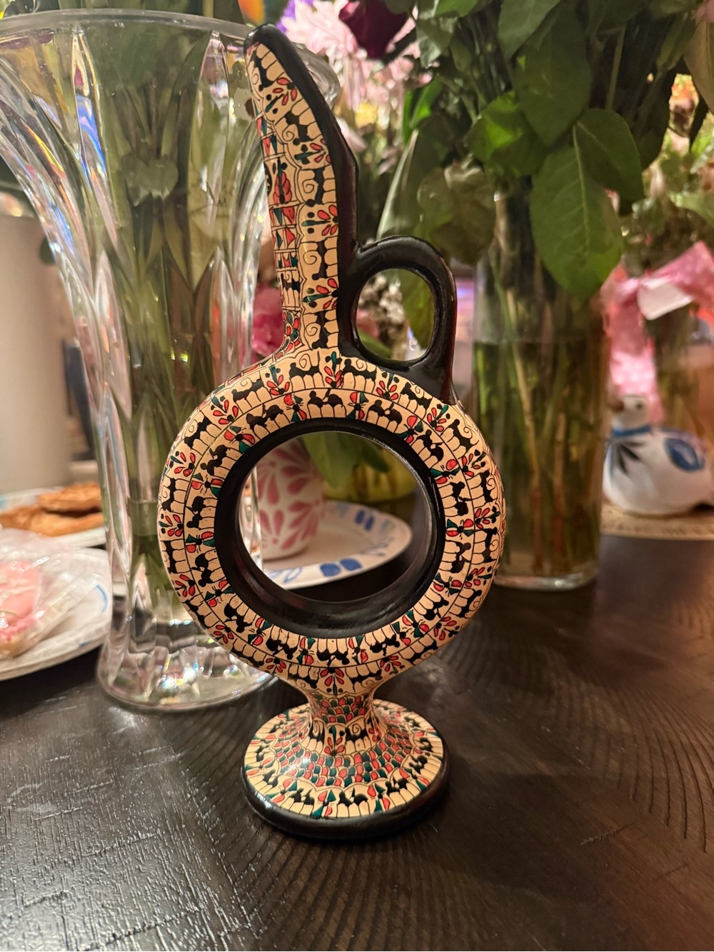 Hand-Painted Turkish Decorative Accent Vase in Cream and Black